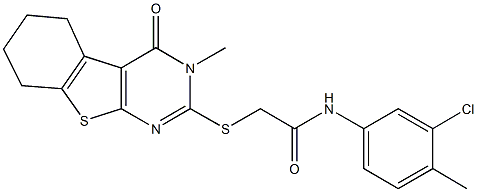 N-(3-chloro-4-methylphenyl)-2-[(3-methyl-4-oxo-3,4,5,6,7,8-hexahydro[1]benzothieno[2,3-d]pyrimidin-2-yl)sulfanyl]acetamide 化学構造式