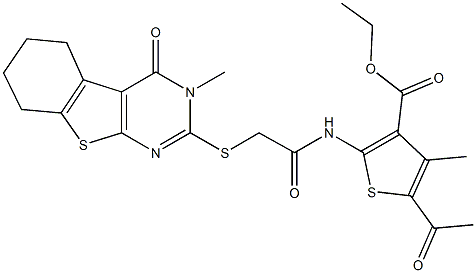 ethyl 5-acetyl-4-methyl-2-({[(3-methyl-4-oxo-3,4,5,6,7,8-hexahydro[1]benzothieno[2,3-d]pyrimidin-2-yl)sulfanyl]acetyl}amino)-3-thiophenecarboxylate Structure