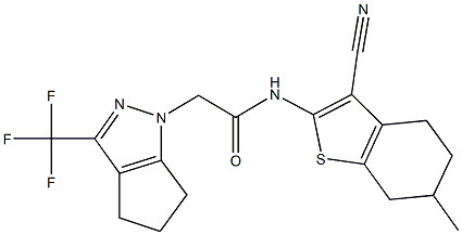 N-(3-cyano-6-methyl-4,5,6,7-tetrahydro-1-benzothien-2-yl)-2-(3-(trifluoromethyl)-5,6-dihydrocyclopenta[c]pyrazol-1(4H)-yl)acetamide Struktur