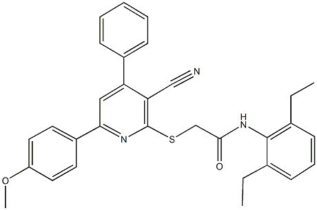 2-{[3-cyano-6-(4-methoxyphenyl)-4-phenyl-2-pyridinyl]sulfanyl}-N-(2,6-diethylphenyl)acetamide 结构式