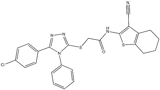 2-{[5-(4-chlorophenyl)-4-phenyl-4H-1,2,4-triazol-3-yl]sulfanyl}-N-(3-cyano-4,5,6,7-tetrahydro-1-benzothien-2-yl)acetamide 结构式