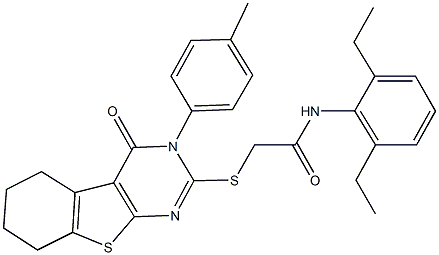 N-(2,6-diethylphenyl)-2-{[3-(4-methylphenyl)-4-oxo-3,4,5,6,7,8-hexahydro[1]benzothieno[2,3-d]pyrimidin-2-yl]sulfanyl}acetamide 化学構造式