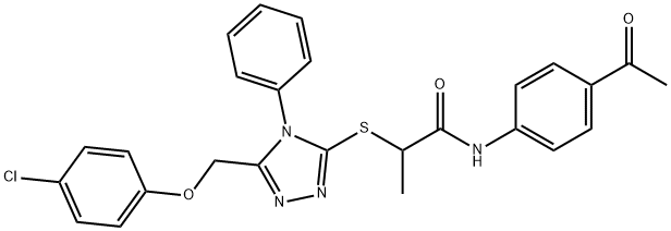 N-(4-acetylphenyl)-2-({5-[(4-chlorophenoxy)methyl]-4-phenyl-4H-1,2,4-triazol-3-yl}sulfanyl)propanamide 化学構造式