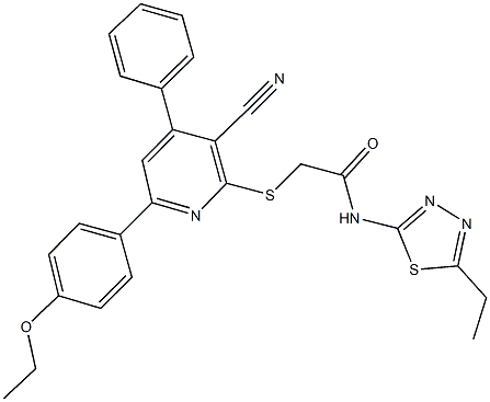 2-{[3-cyano-6-(4-ethoxyphenyl)-4-phenyl-2-pyridinyl]sulfanyl}-N-(5-ethyl-1,3,4-thiadiazol-2-yl)acetamide Struktur