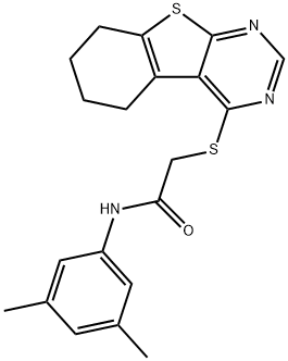 N-(3,5-dimethylphenyl)-2-(5,6,7,8-tetrahydro[1]benzothieno[2,3-d]pyrimidin-4-ylsulfanyl)acetamide 化学構造式