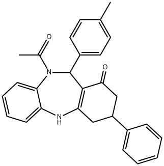 10-acetyl-11-(4-methylphenyl)-3-phenyl-2,3,4,5,10,11-hexahydro-1H-dibenzo[b,e][1,4]diazepin-1-one Struktur