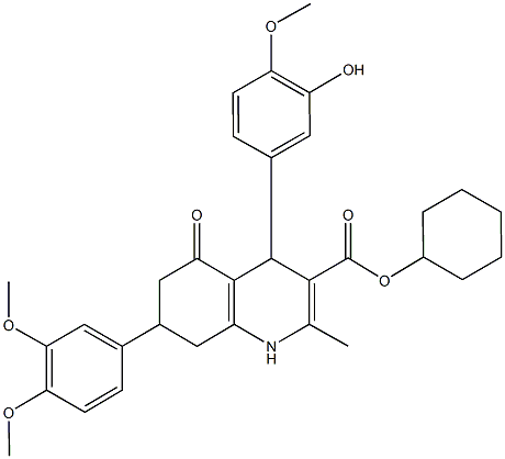 cyclohexyl 7-(3,4-dimethoxyphenyl)-4-(3-hydroxy-4-methoxyphenyl)-2-methyl-5-oxo-1,4,5,6,7,8-hexahydro-3-quinolinecarboxylate 化学構造式