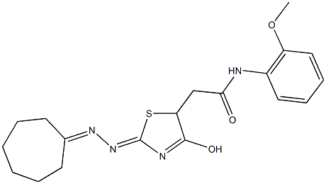 2-[2-(cycloheptylidenehydrazono)-4-hydroxy-2,5-dihydro-1,3-thiazol-5-yl]-N-(2-methoxyphenyl)acetamide 化学構造式