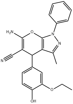 6-amino-4-(3-ethoxy-4-hydroxyphenyl)-3-methyl-1-phenyl-1,4-dihydropyrano[2,3-c]pyrazole-5-carbonitrile Struktur