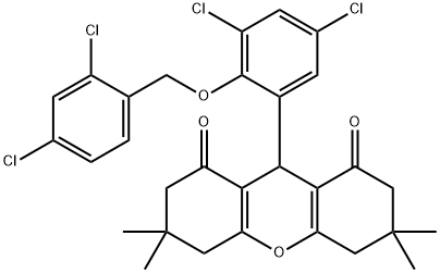 9-{3,5-dichloro-2-[(2,4-dichlorobenzyl)oxy]phenyl}-3,3,6,6-tetramethyl-3,4,5,6,7,9-hexahydro-1H-xanthene-1,8(2H)-dione Struktur