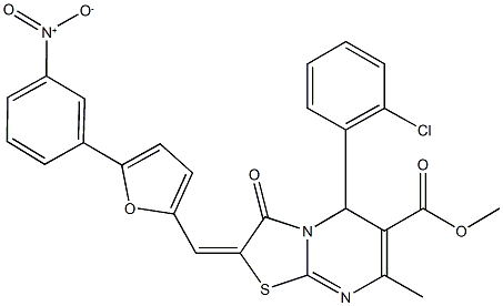 methyl 5-(2-chlorophenyl)-2-[(5-{3-nitrophenyl}-2-furyl)methylene]-7-methyl-3-oxo-2,3-dihydro-5H-[1,3]thiazolo[3,2-a]pyrimidine-6-carboxylate Struktur