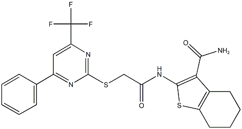 2-[({[4-phenyl-6-(trifluoromethyl)-2-pyrimidinyl]sulfanyl}acetyl)amino]-4,5,6,7-tetrahydro-1-benzothiophene-3-carboxamide 结构式