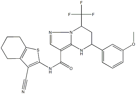 N-(3-cyano-4,5,6,7-tetrahydro-1-benzothien-2-yl)-5-(3-methoxyphenyl)-7-(trifluoromethyl)-4,5,6,7-tetrahydropyrazolo[1,5-a]pyrimidine-3-carboxamide 结构式