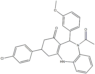 10-acetyl-3-(4-chlorophenyl)-11-(3-methoxyphenyl)-2,3,4,5,10,11-hexahydro-1H-dibenzo[b,e][1,4]diazepin-1-one 化学構造式