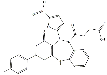 4-(3-(4-fluorophenyl)-11-{5-nitro-2-furyl}-1-oxo-1,2,3,4,5,11-hexahydro-10H-dibenzo[b,e][1,4]diazepin-10-yl)-4-oxobutanoic acid Struktur