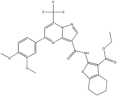 ethyl 2-({[5-(3,4-dimethoxyphenyl)-7-(trifluoromethyl)pyrazolo[1,5-a]pyrimidin-3-yl]carbonyl}amino)-4,5,6,7-tetrahydro-1-benzothiophene-3-carboxylate Struktur