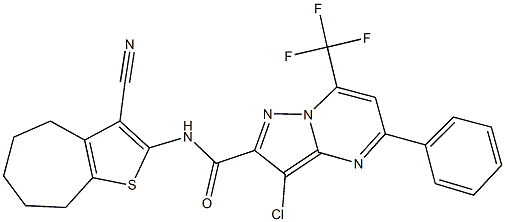 3-chloro-N-(3-cyano-5,6,7,8-tetrahydro-4H-cyclohepta[b]thien-2-yl)-5-phenyl-7-(trifluoromethyl)pyrazolo[1,5-a]pyrimidine-2-carboxamide Structure