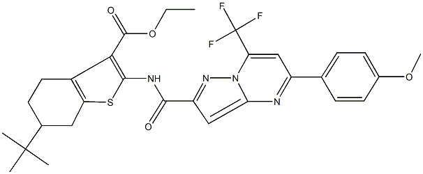 ethyl 6-tert-butyl-2-({[5-(4-methoxyphenyl)-7-(trifluoromethyl)pyrazolo[1,5-a]pyrimidin-2-yl]carbonyl}amino)-4,5,6,7-tetrahydro-1-benzothiophene-3-carboxylate 结构式
