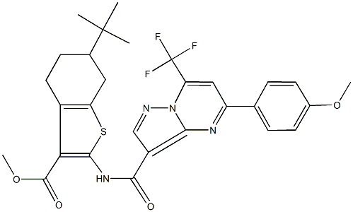 methyl 6-tert-butyl-2-({[5-(4-methoxyphenyl)-7-(trifluoromethyl)pyrazolo[1,5-a]pyrimidin-3-yl]carbonyl}amino)-4,5,6,7-tetrahydro-1-benzothiophene-3-carboxylate Struktur