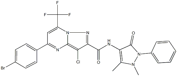 5-(4-bromophenyl)-3-chloro-N-(1,5-dimethyl-3-oxo-2-phenyl-2,3-dihydro-1H-pyrazol-4-yl)-7-(trifluoromethyl)pyrazolo[1,5-a]pyrimidine-2-carboxamide 化学構造式