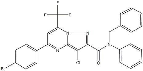 N-benzyl-5-(4-bromophenyl)-3-chloro-N-phenyl-7-(trifluoromethyl)pyrazolo[1,5-a]pyrimidine-2-carboxamide,333764-72-0,结构式