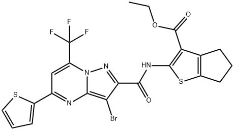 ethyl 2-({[3-bromo-5-(2-thienyl)-7-(trifluoromethyl)pyrazolo[1,5-a]pyrimidin-2-yl]carbonyl}amino)-5,6-dihydro-4H-cyclopenta[b]thiophene-3-carboxylate Struktur