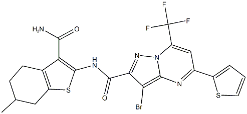 N-[3-(aminocarbonyl)-6-methyl-4,5,6,7-tetrahydro-1-benzothien-2-yl]-3-bromo-5-(2-thienyl)-7-(trifluoromethyl)pyrazolo[1,5-a]pyrimidine-2-carboxamide Struktur