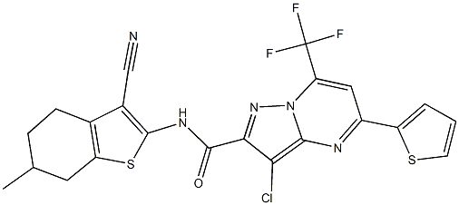 3-chloro-N-(3-cyano-6-methyl-4,5,6,7-tetrahydro-1-benzothien-2-yl)-5-(2-thienyl)-7-(trifluoromethyl)pyrazolo[1,5-a]pyrimidine-2-carboxamide,333765-91-6,结构式