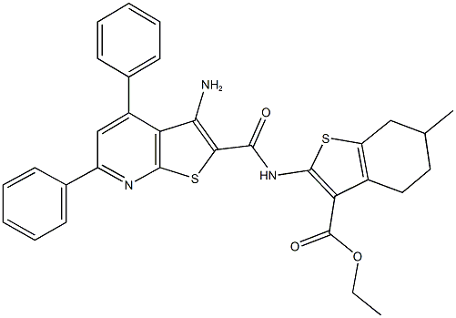 ethyl 2-{[(3-amino-4,6-diphenylthieno[2,3-b]pyridin-2-yl)carbonyl]amino}-6-methyl-4,5,6,7-tetrahydro-1-benzothiophene-3-carboxylate Struktur