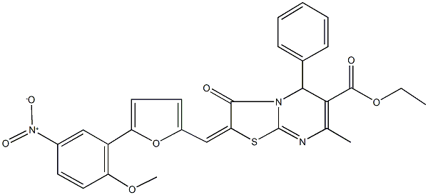 ethyl 2-[(5-{5-nitro-2-methoxyphenyl}-2-furyl)methylene]-7-methyl-3-oxo-5-phenyl-2,3-dihydro-5H-[1,3]thiazolo[3,2-a]pyrimidine-6-carboxylate Structure