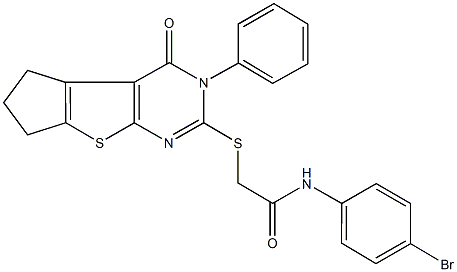 N-(4-bromophenyl)-2-[(4-oxo-3-phenyl-3,5,6,7-tetrahydro-4H-cyclopenta[4,5]thieno[2,3-d]pyrimidin-2-yl)sulfanyl]acetamide 结构式