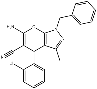 6-amino-4-(2-chlorophenyl)-3-methyl-1-(phenylmethyl)-1,4-dihydropyrano[2,3-c]pyrazole-5-carbonitrile,333778-71-5,结构式