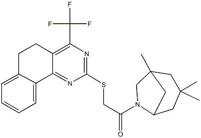 2-{[2-oxo-2-(1,3,3-trimethyl-6-azabicyclo[3.2.1]oct-6-yl)ethyl]sulfanyl}-4-(trifluoromethyl)-5,6-dihydrobenzo[h]quinazoline Struktur
