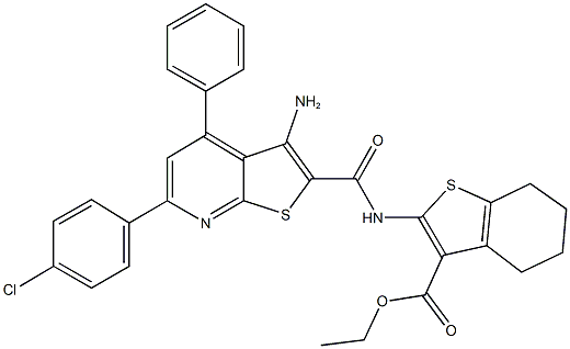 ethyl 2-({[3-amino-6-(4-chlorophenyl)-4-phenylthieno[2,3-b]pyridin-2-yl]carbonyl}amino)-4,5,6,7-tetrahydro-1-benzothiophene-3-carboxylate 化学構造式