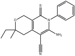 6-amino-3-ethyl-3-methyl-7-phenyl-8-thioxo-3,4,7,8-tetrahydro-1H-pyrano[3,4-c]pyridine-5-carbonitrile,334506-26-2,结构式