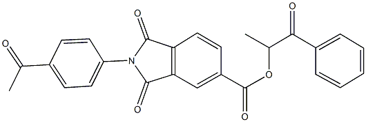 1-methyl-2-oxo-2-phenylethyl 2-(4-acetylphenyl)-1,3-dioxo-5-isoindolinecarboxylate Struktur