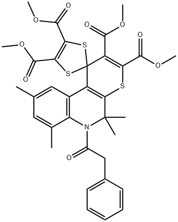 tetramethyl 5',5',7',9'-tetramethyl-6'-(phenylacetyl)-5',6'-dihydrospiro[1,3-dithiole-2,1'-(1'H)-thiopyrano[2,3-c]quinoline]-2',3',4,5-tetracarboxylate 结构式