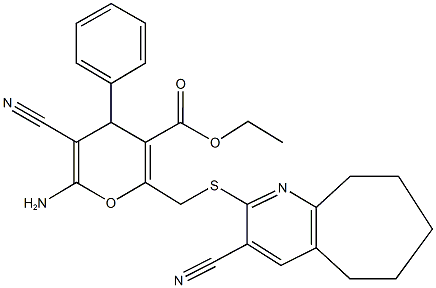 ethyl 6-amino-5-cyano-2-{[(3-cyano-6,7,8,9-tetrahydro-5H-cyclohepta[b]pyridin-2-yl)sulfanyl]methyl}-4-phenyl-4H-pyran-3-carboxylate Structure