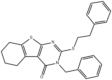 3-benzyl-2-[(2-phenylethyl)sulfanyl]-5,6,7,8-tetrahydro[1]benzothieno[2,3-d]pyrimidin-4(3H)-one Struktur