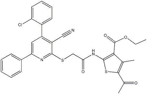 ethyl 5-acetyl-2-[({[4-(2-chlorophenyl)-3-cyano-6-phenyl-2-pyridinyl]sulfanyl}acetyl)amino]-4-methyl-3-thiophenecarboxylate Struktur