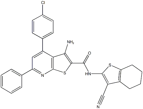 3-amino-4-(4-chlorophenyl)-N-(3-cyano-4,5,6,7-tetrahydro-1-benzothien-2-yl)-6-phenylthieno[2,3-b]pyridine-2-carboxamide 结构式