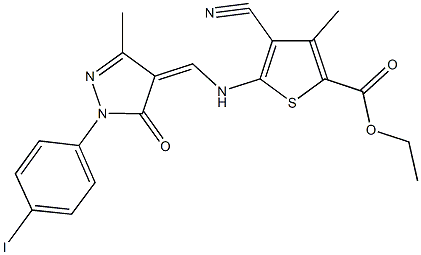 ethyl 4-cyano-5-({[1-(4-iodophenyl)-3-methyl-5-oxo-1,5-dihydro-4H-pyrazol-4-ylidene]methyl}amino)-3-methyl-2-thiophenecarboxylate Struktur