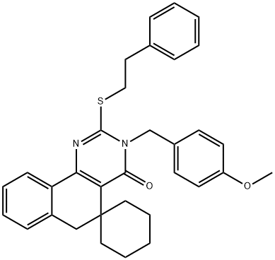 3-(4-methoxybenzyl)-2-[(2-phenylethyl)sulfanyl]-5,6-dihydrospiro(benzo[h]quinazoline-5,1'-cyclohexane)-4(3H)-one 结构式