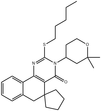 3-(2,2-dimethyltetrahydro-2H-pyran-4-yl)-2-(pentylsulfanyl)-5,6-dihydrospiro(benzo[h]quinazoline-5,1'-cyclopentane)-4(3H)-one Struktur