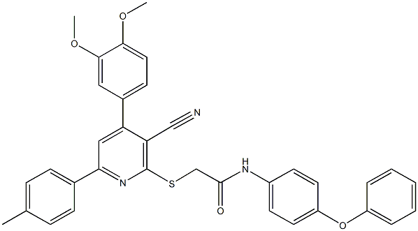 2-{[3-cyano-4-(3,4-dimethoxyphenyl)-6-(4-methylphenyl)-2-pyridinyl]sulfanyl}-N-(4-phenoxyphenyl)acetamide 结构式