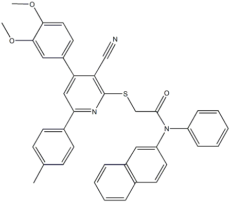 2-{[3-cyano-4-(3,4-dimethoxyphenyl)-6-(4-methylphenyl)-2-pyridinyl]sulfanyl}-N-(2-naphthyl)-N-phenylacetamide 结构式