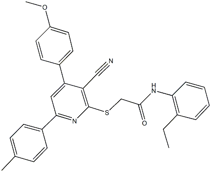 2-{[3-cyano-4-(4-methoxyphenyl)-6-(4-methylphenyl)-2-pyridinyl]sulfanyl}-N-(2-ethylphenyl)acetamide Struktur
