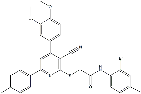 N-(2-bromo-4-methylphenyl)-2-{[3-cyano-4-(3,4-dimethoxyphenyl)-6-(4-methylphenyl)-2-pyridinyl]sulfanyl}acetamide Structure