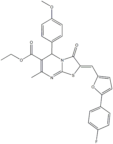 ethyl 2-{[5-(4-fluorophenyl)-2-furyl]methylene}-5-(4-methoxyphenyl)-7-methyl-3-oxo-2,3-dihydro-5H-[1,3]thiazolo[3,2-a]pyrimidine-6-carboxylate Struktur