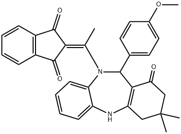 2-{1-[11-(4-methoxyphenyl)-3,3-dimethyl-1-oxo-1,2,3,4,5,11-hexahydro-10H-dibenzo[b,e][1,4]diazepin-10-yl]ethylidene}-1H-indene-1,3(2H)-dione Structure